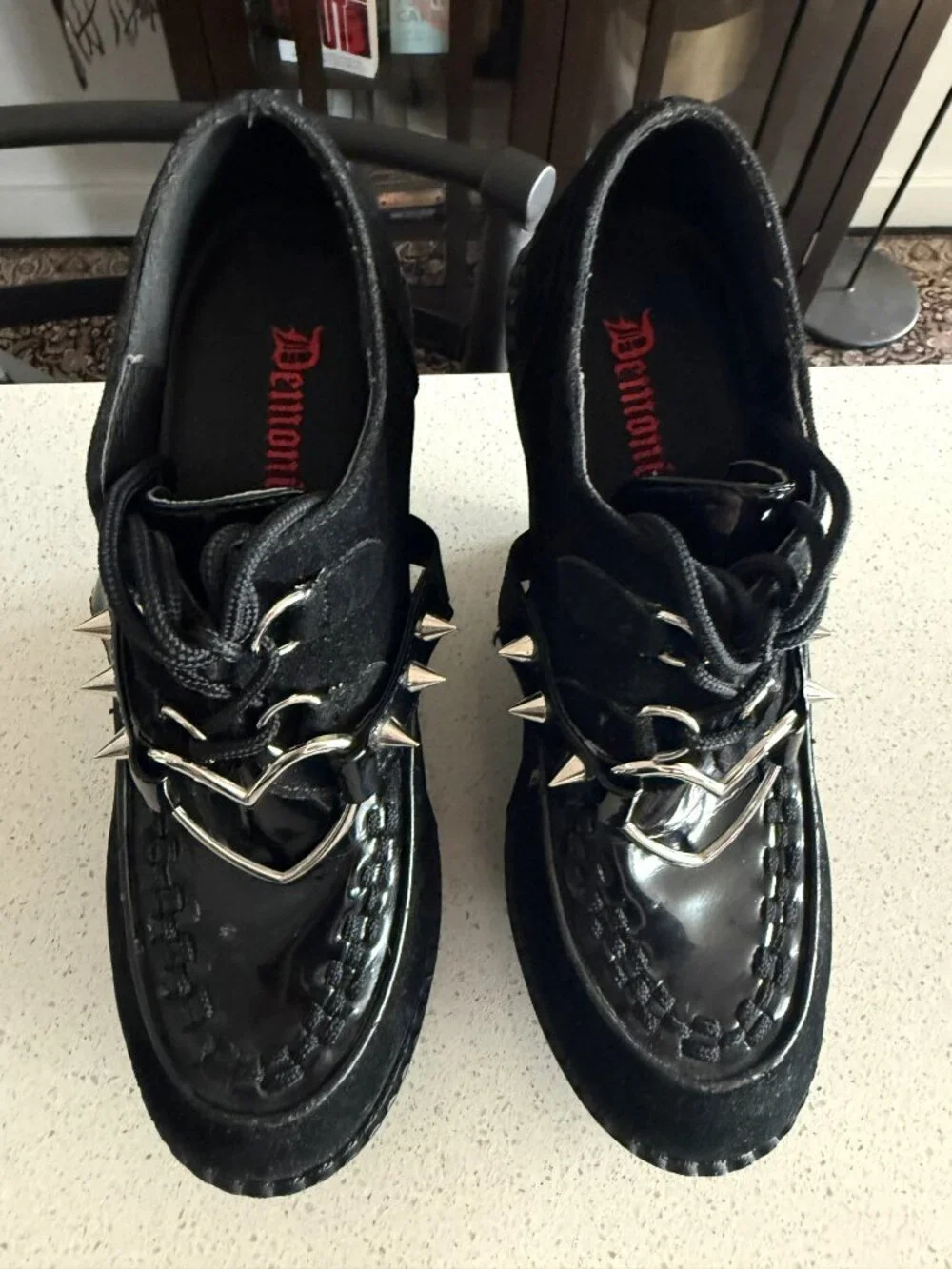 DEMONIA Creeper 302H Black Heart O-Ring & Spikes Vegan Suede | 9M| NWB